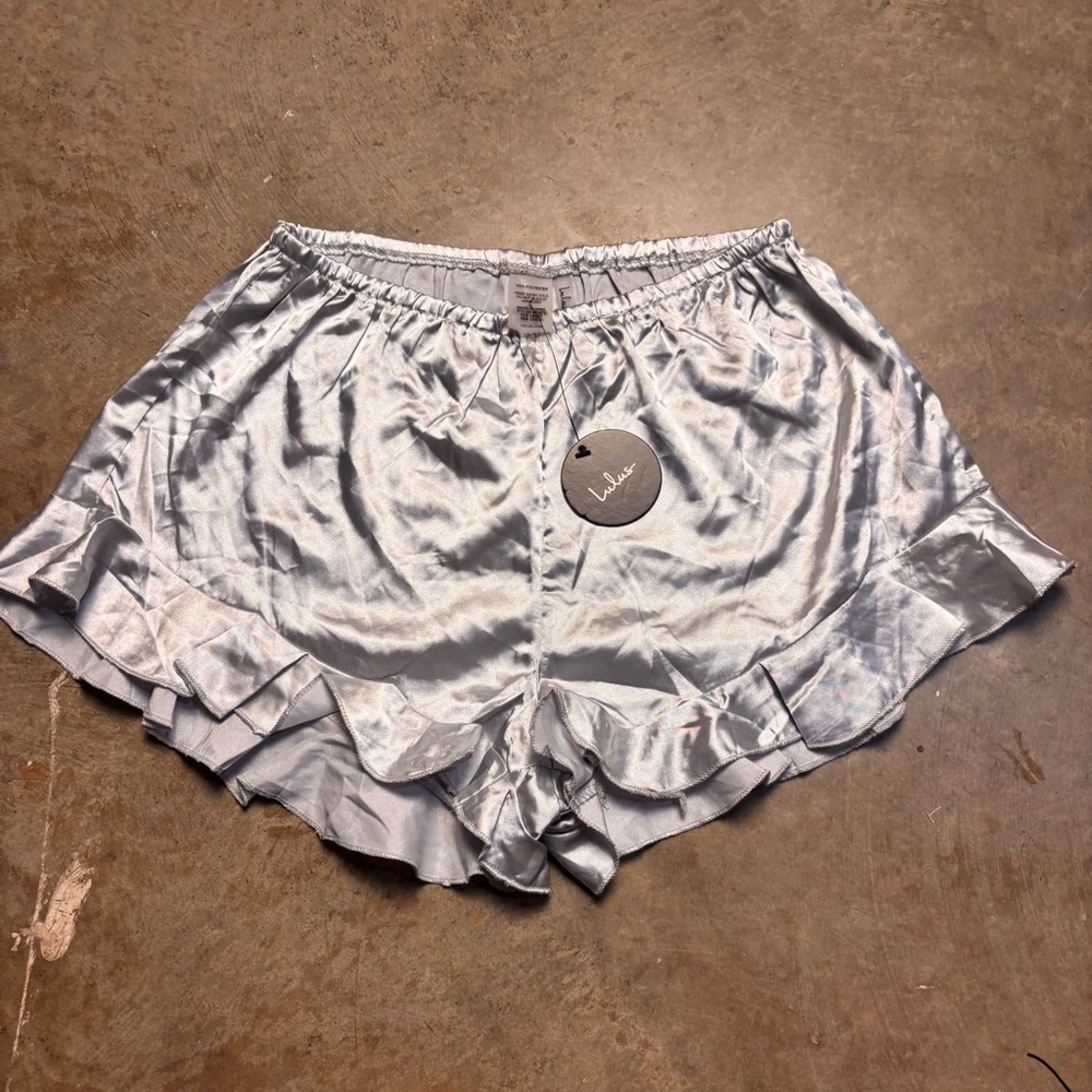 Lulus Sweetest Dreams Silver Satin Ruffled Pajama bottoms Womens Small NWT
